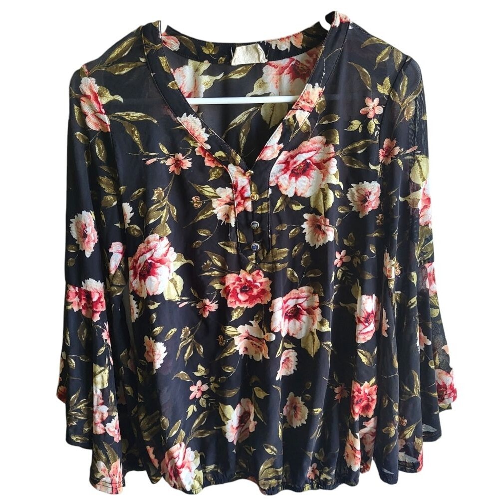 Ember Black Floral Sheer Bell Sleeve Blouse Size small